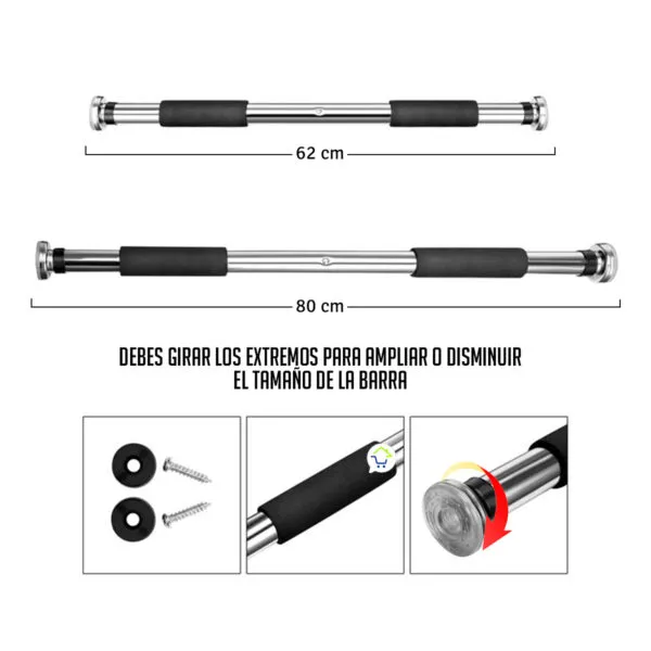 Barra para puerta de ejercicios de dominadas y abdominales ajustable de 62 a 80 cm.