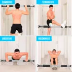 Hombre haciendo dominadas, estiramiento, lagartijas y abdominales con barra para puerta.