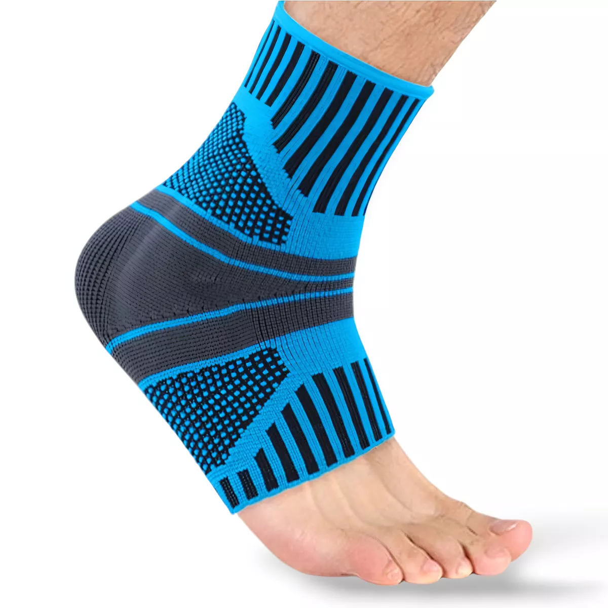 Tobillera de compresión azul y negra con soporte de gel para el tobillo.