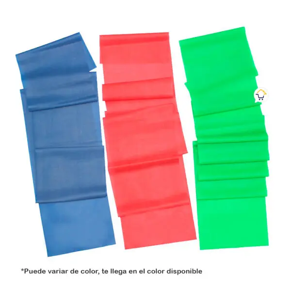 Bandas elásticas de ejercicio en azul, rojo y verde para resistencia, terapia y yoga.