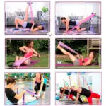 Mujeres entrenando fuerza y flexibilidad con bandas elásticas para yoga y terapia.