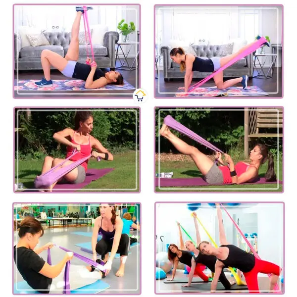 Mujeres entrenando fuerza y flexibilidad con bandas elásticas para yoga y terapia.