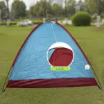 Carpa camping armable semi impermeable azul y roja para 3 personas con protector superior