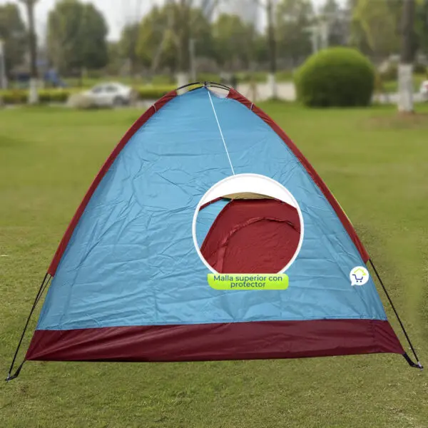 Carpa camping armable semi impermeable azul y roja para 3 personas con protector superior