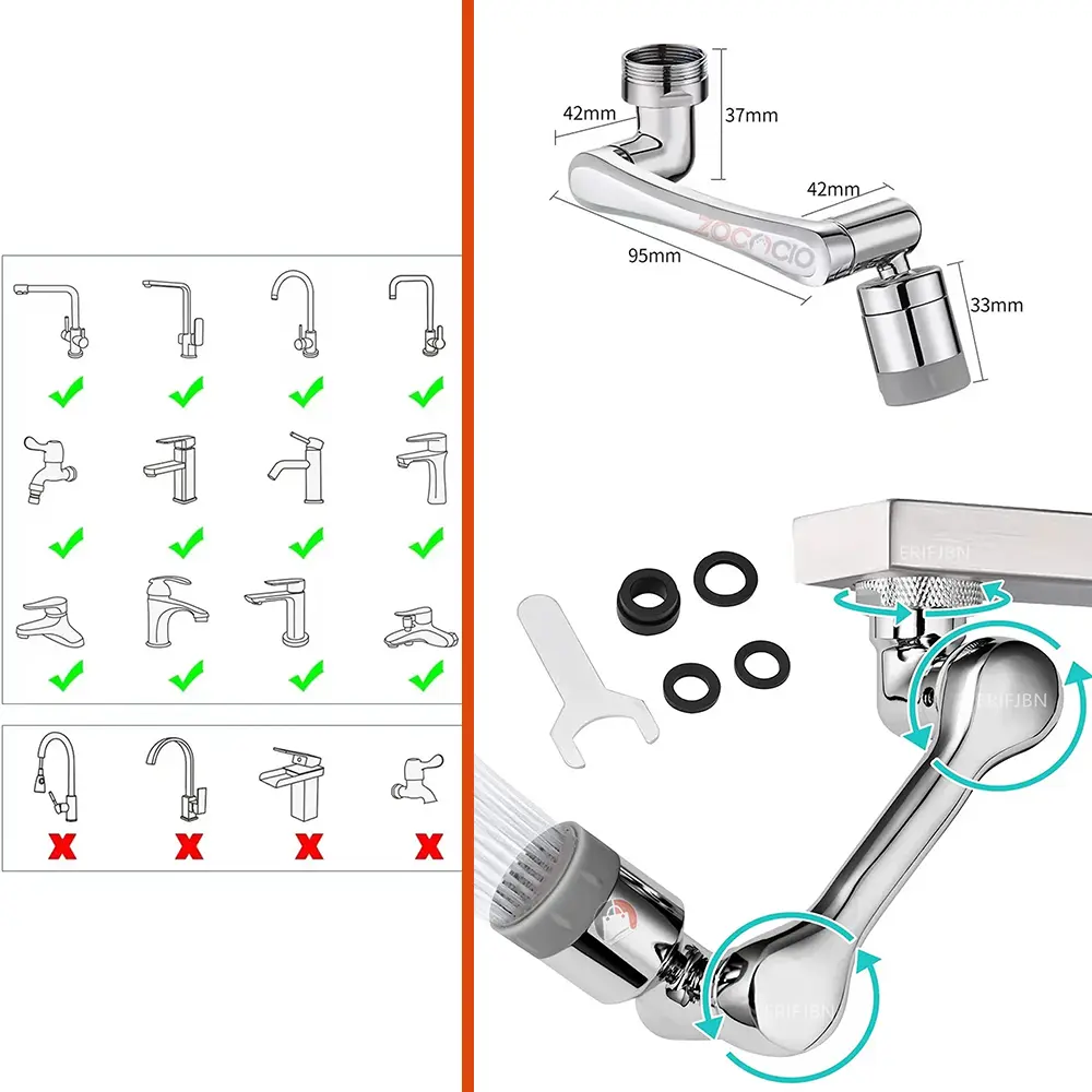 Set x2 Extensor de grifo 1080 grados. Brazo articulado universal para aireador de grifo.