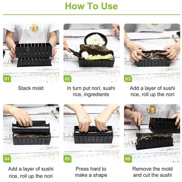 Kit para hacer sushi: pasos para armar, rellenar y dar forma al rollo de arroz y nori.