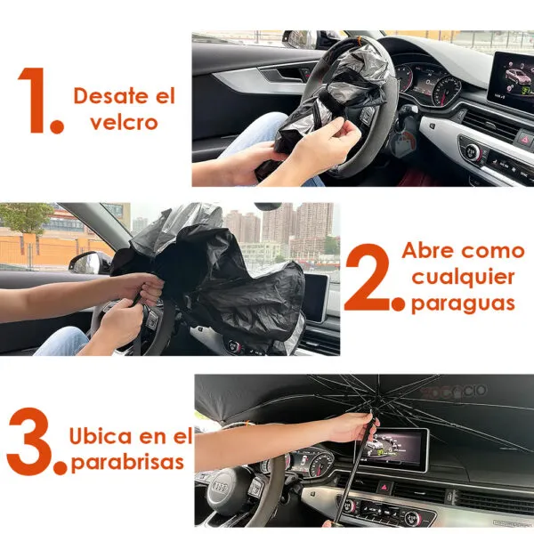 Parasol para auto que se abre como sombrilla, protege el parabrisas de sol y calor.