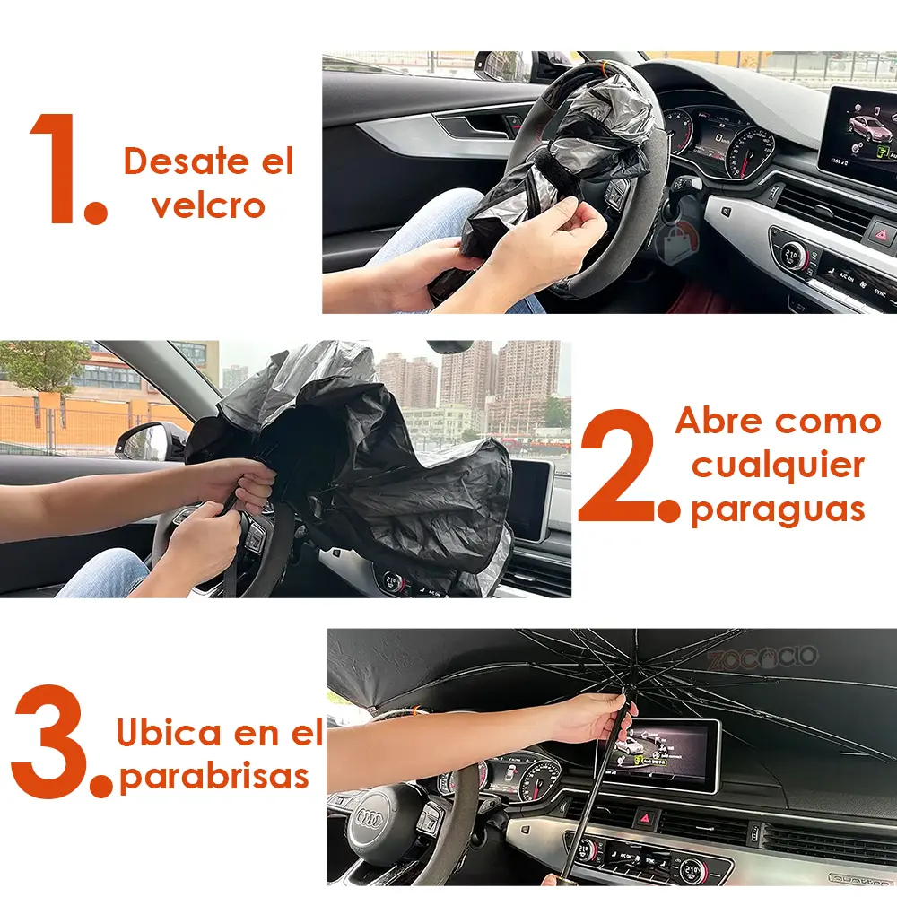 Parasol para auto que se abre como sombrilla, protege el parabrisas de sol y calor.