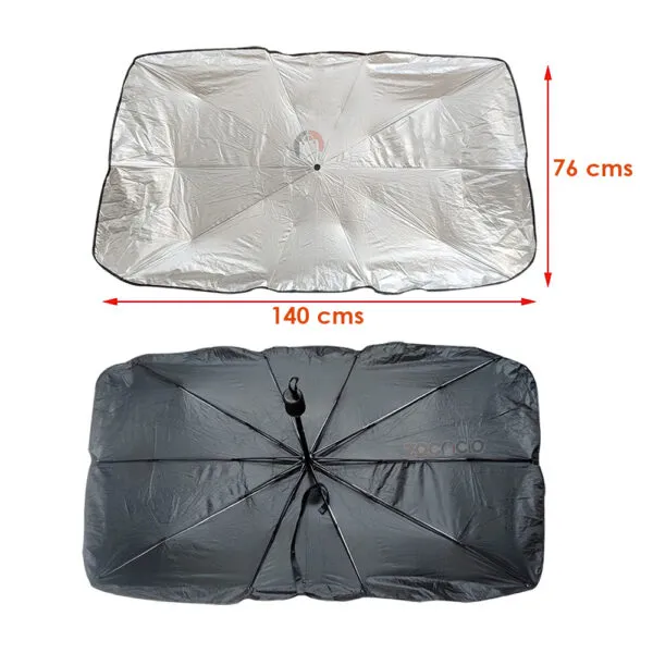 Parasol de auto plateado y negro estilo sombrilla plegable, 140x76 cm.