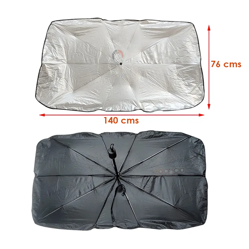 Parasol de auto plateado y negro estilo sombrilla plegable, 140x76 cm.