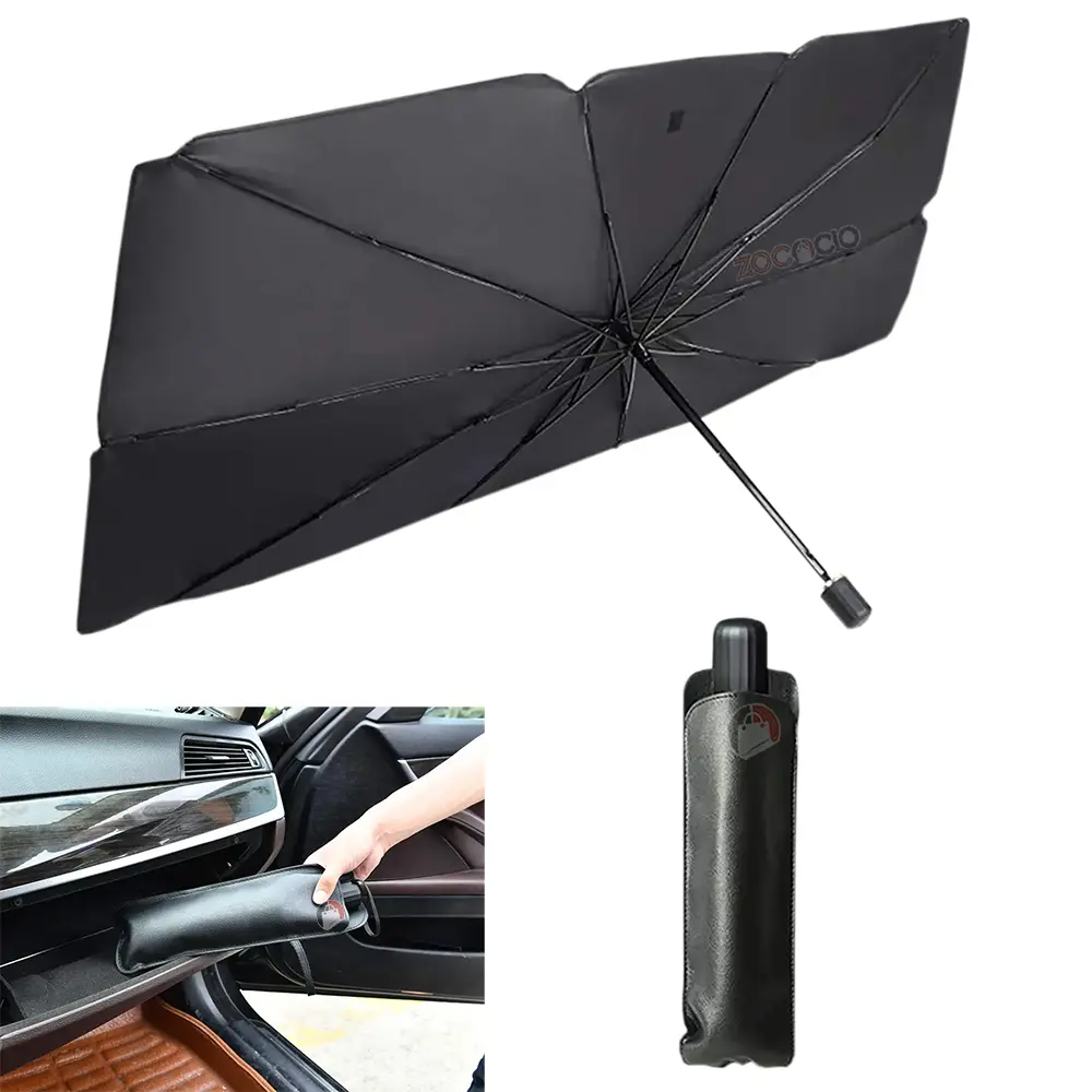 Parasol plegable para auto que se guarda en una práctica sombrilla en el interior del vehículo.
