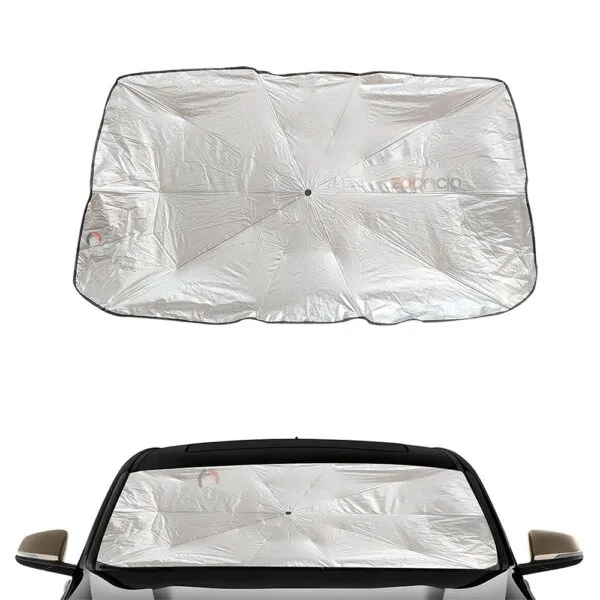 Parasol plegable plateado para parabrisas de auto, protege del sol y calor.