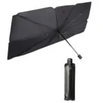 Parasol de auto plegable color negro con sombrilla y funda protectora.