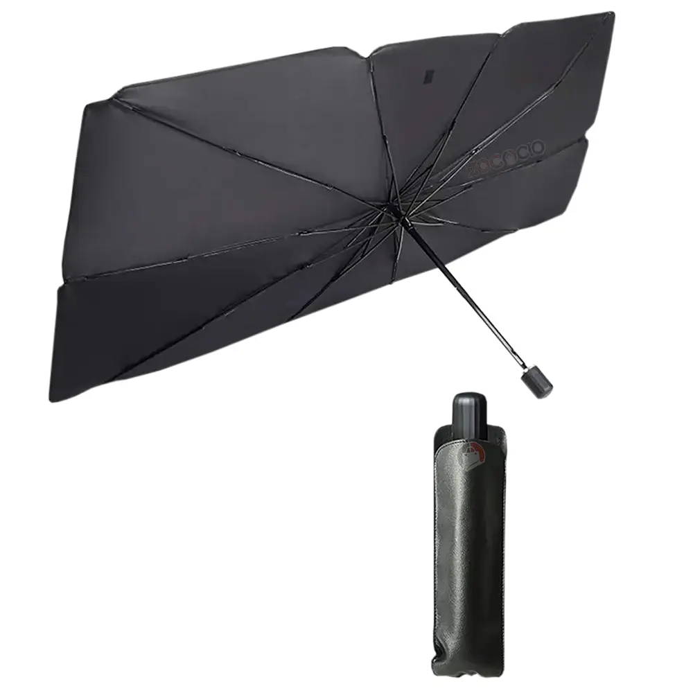 Parasol de auto plegable color negro con sombrilla y funda protectora.