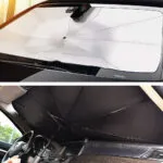 Parasol de auto tipo sombrilla plegable que protege el parabrisas del sol.
