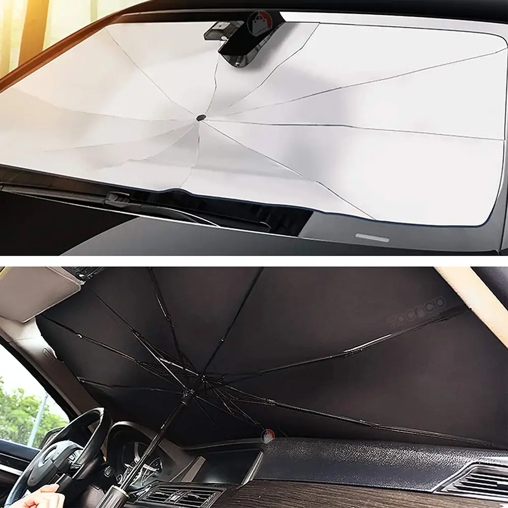 Parasol de auto tipo sombrilla plegable que protege el parabrisas del sol.