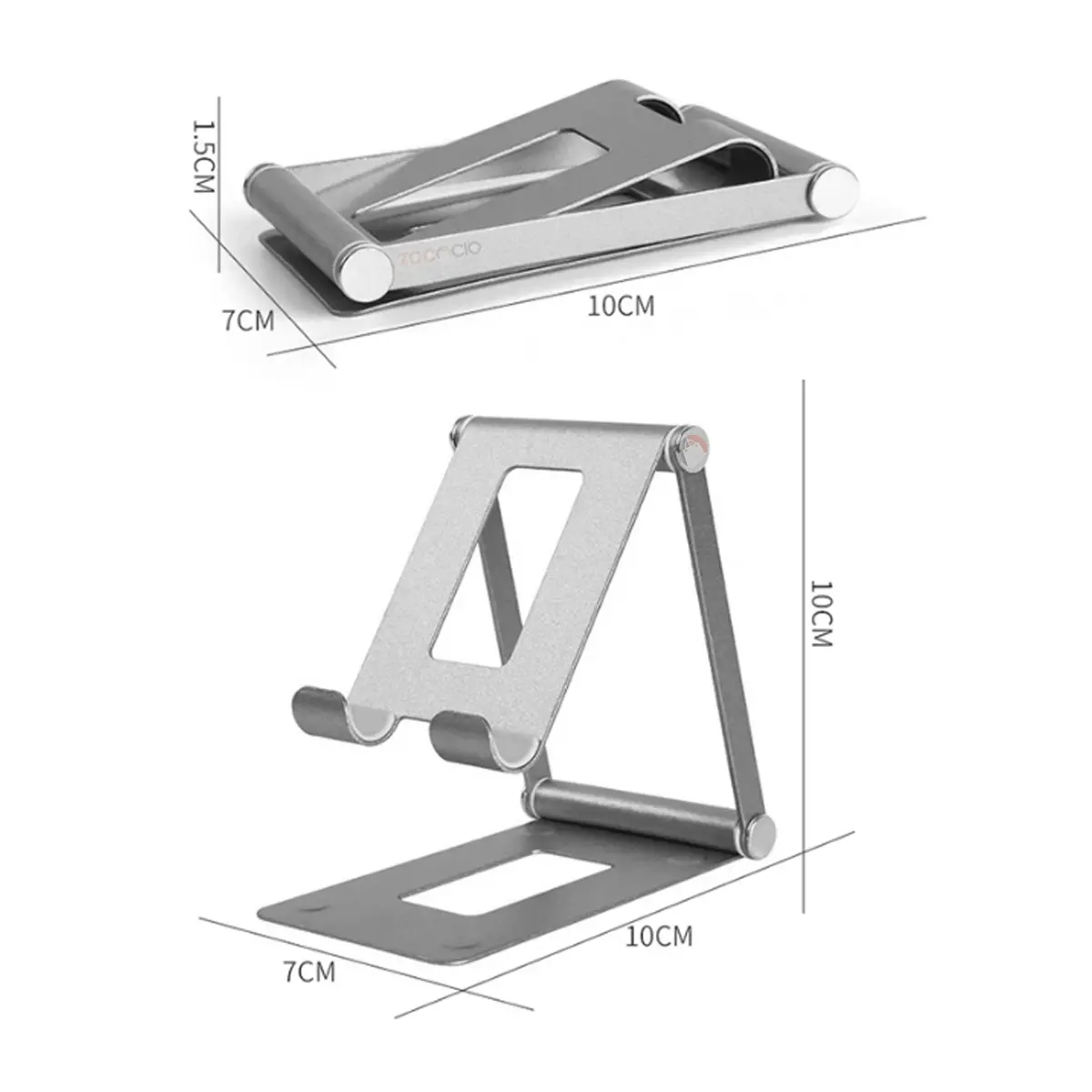 Soporte metálico plegable para celular y tablet con base de 10x7cm y altura de 10cm.