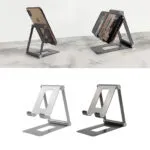 Soporte metálico plegable para celular y tablet, ajustable y portátil.