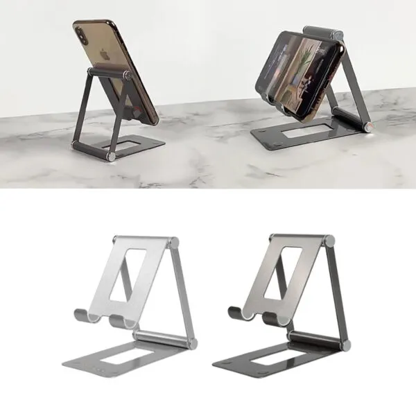 Soporte metálico plegable para celular y tablet, ajustable y portátil.