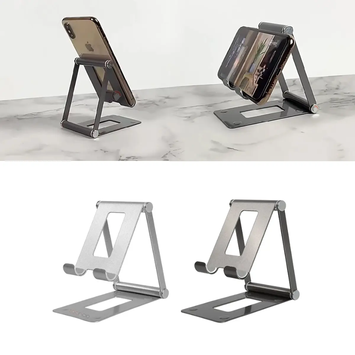 Soporte metálico plegable para celular y tablet, ajustable y portátil.