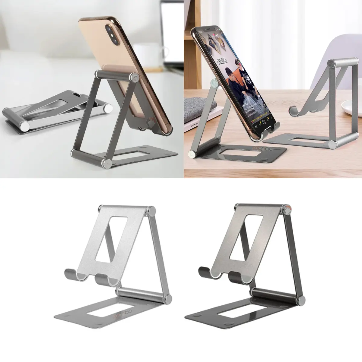 Soporte metálico plegable para celular y tablet, color plateado y gris oscuro, con un teléfono en uso.