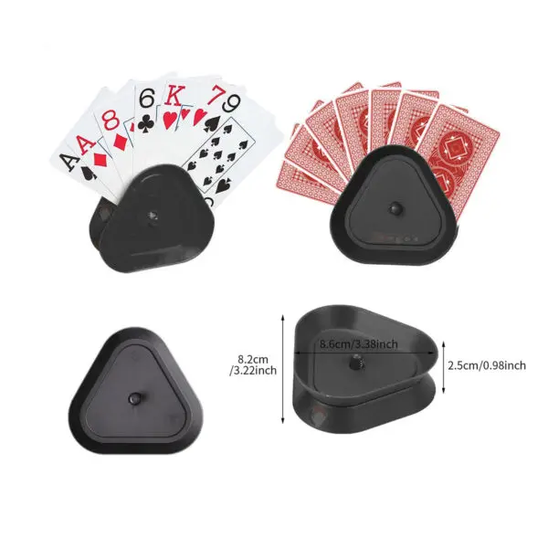 Sujetador de cartas para juegos de mesa, soporte manos libres para póker, diseño triangular negro.