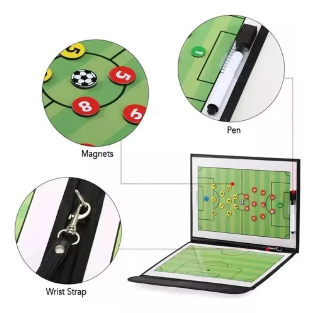 Tablero táctico de fútbol para entrenamiento con carpeta, marcador y imanes de jugadores.