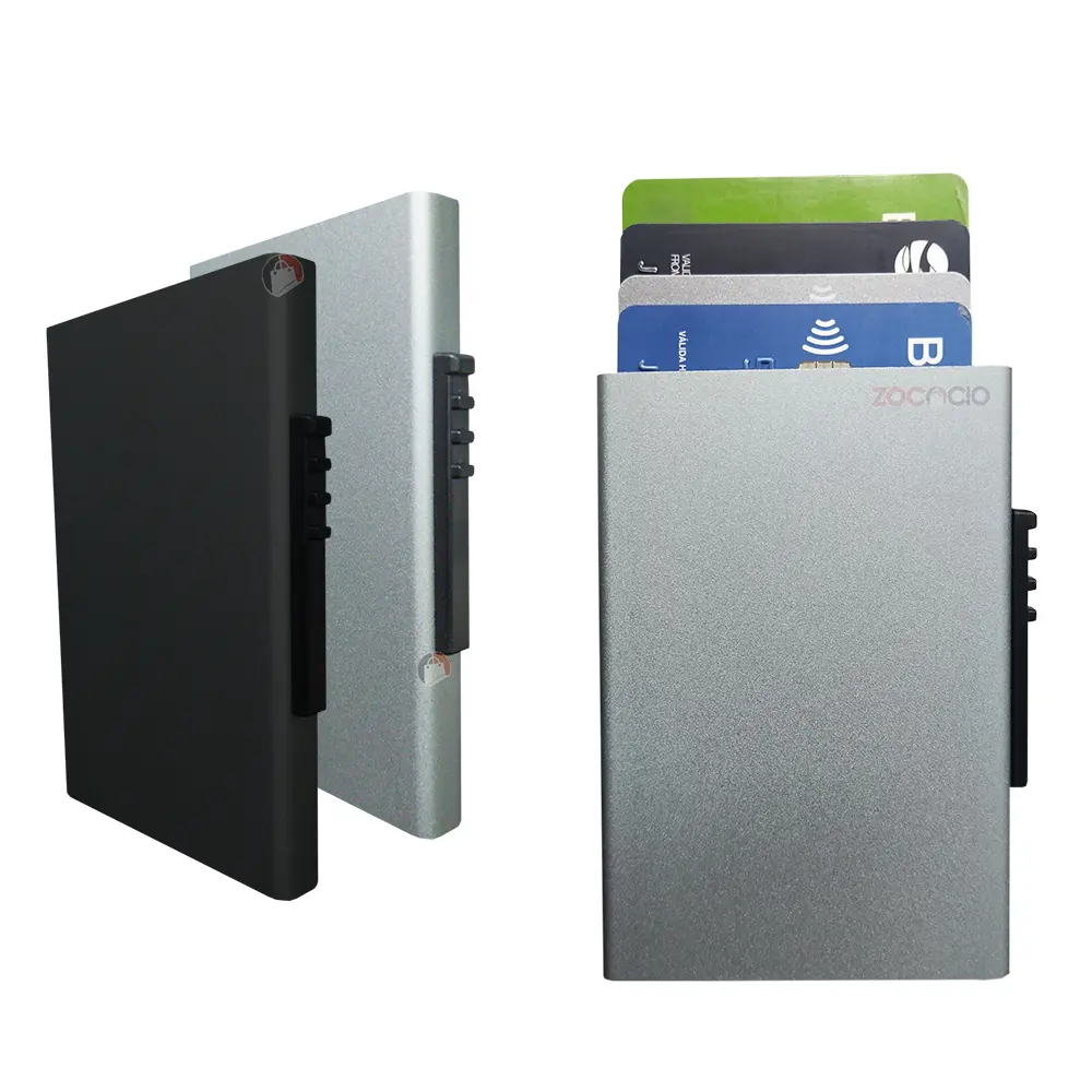 Tarjetero elegante de lujo Zocacio: billetera metálica compacta con compartimentos para tarjetas.