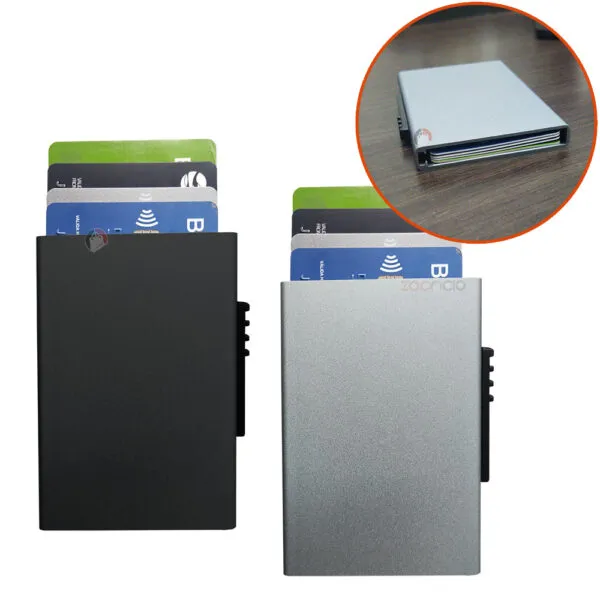 Tarjetero de lujo para tarjetas con diseño elegante, billetera minimalista en negro y plateado.