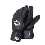 Guantes de arquero Levs anti-fractura para adulto, negros con logo blanco y detalles plateados.