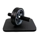 Rueda abdominal con mangos ergonómicos sobre tapete negro, para entrenamiento de brazos y abdomen.