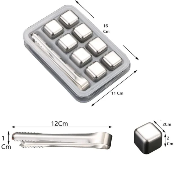 Set x8 cubos de hielo reutilizables de acero inoxidable con pinza, mantienen el frío.