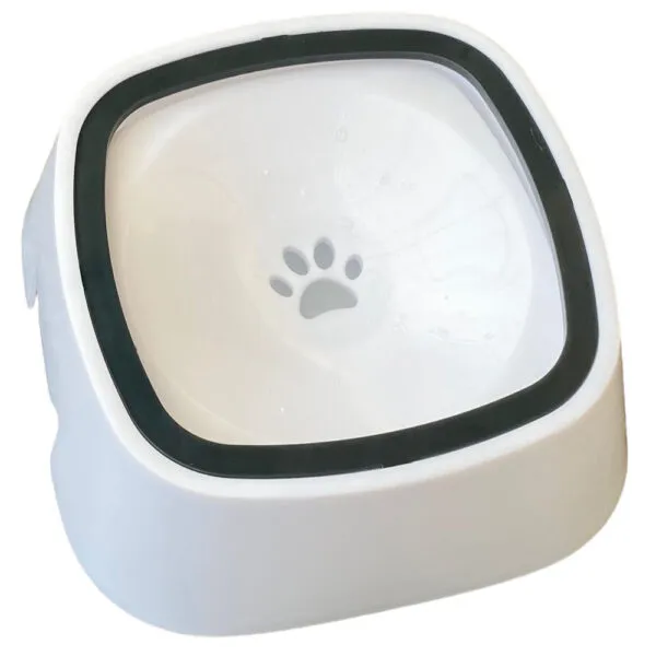 Bebedero para mascotas blanco con huella gris, anti-derrames, 1.5L.