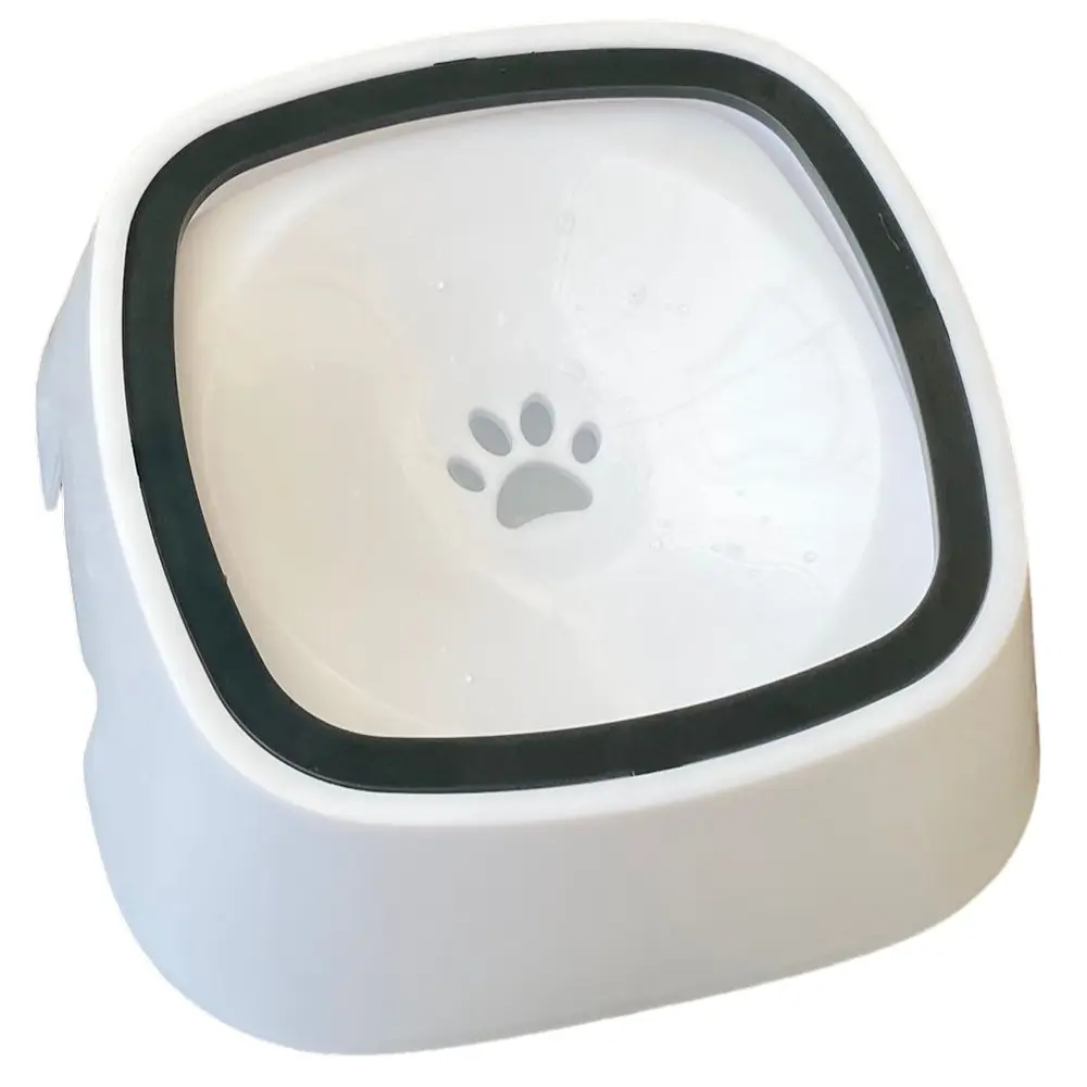 Bebedero para mascotas blanco con huella gris, anti-derrames, 1.5L.