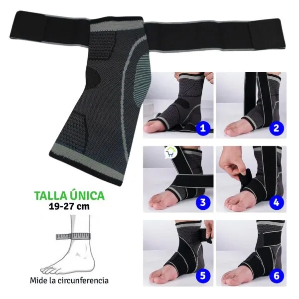 Tobillera deportiva de compresión ajustable con tiras de velcro para soporte y recuperación.