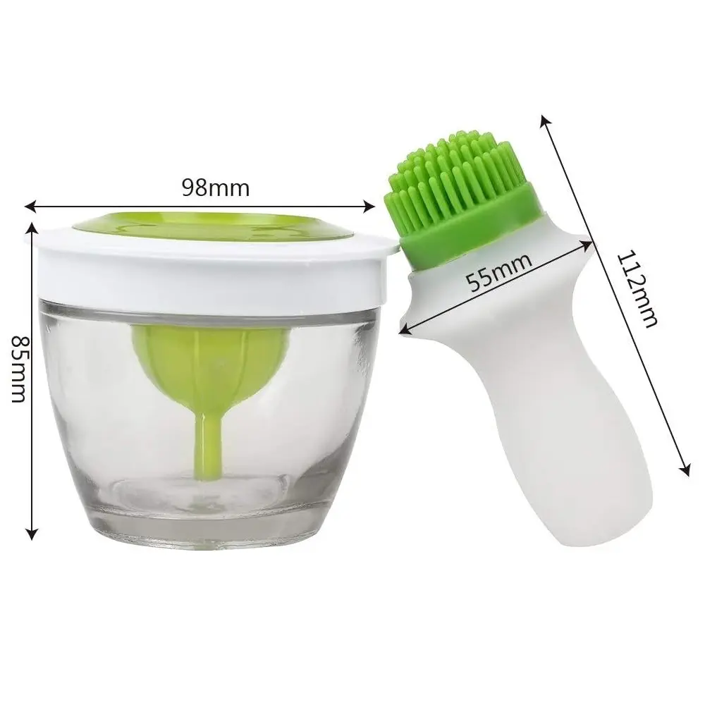 Brocha de silicona y contenedor de vidrio para cocinar, con medidas 98x85mm y 55x112mm.