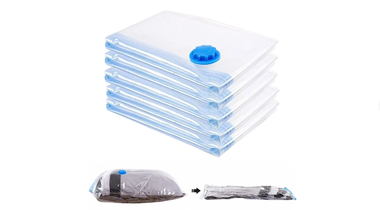Pack 5x bolsas al vacío para ahorrar espacio con bomba. Ideal para ropa y textiles.