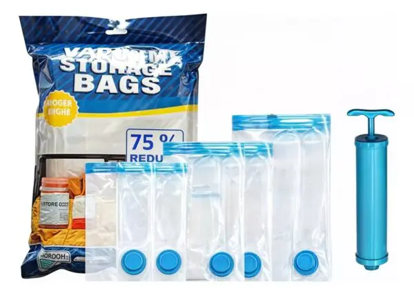 Pack 5 bolsas al vacío para ahorrar espacio con bomba manual de aire, ideal para organizar.
