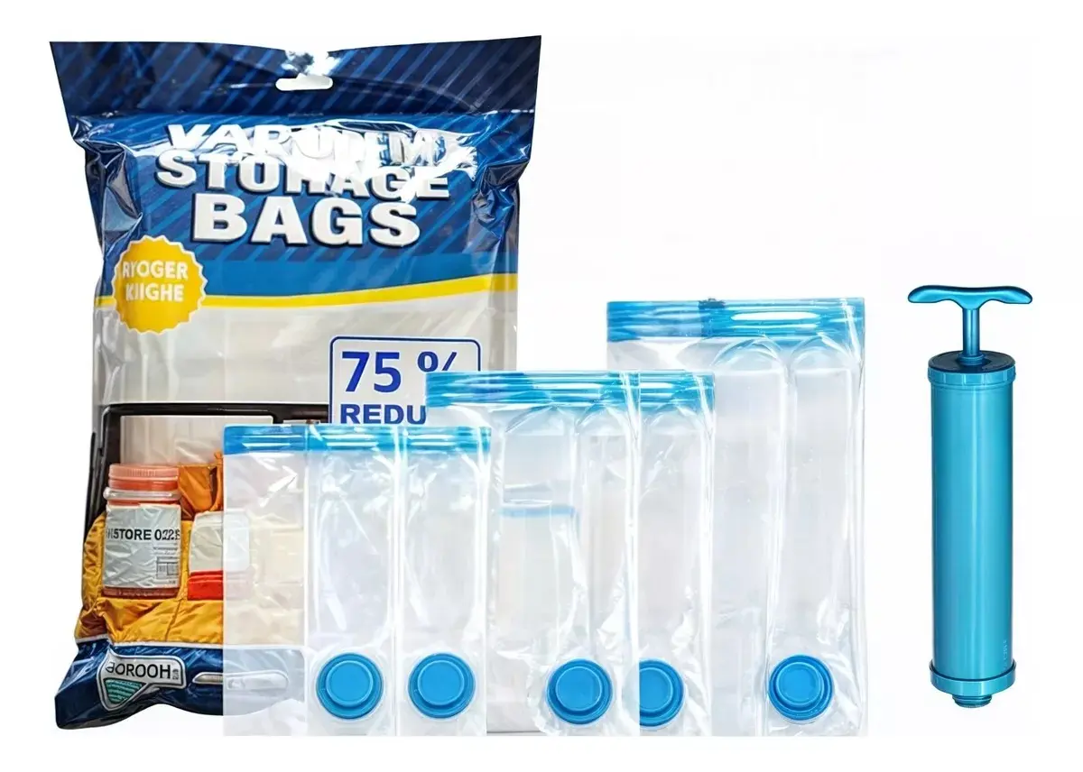 Pack 5 bolsas al vacío para ahorrar espacio con bomba manual de aire, ideal para organizar.