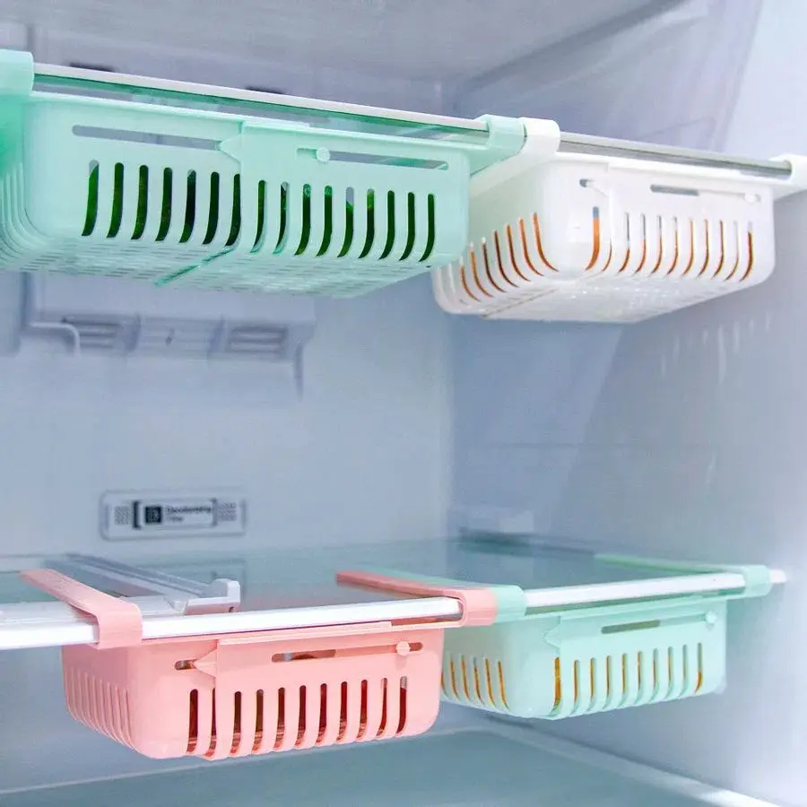 Set x3 organizador expandible para nevera, estante almacenamiento colgante rosa, verde y blanco.