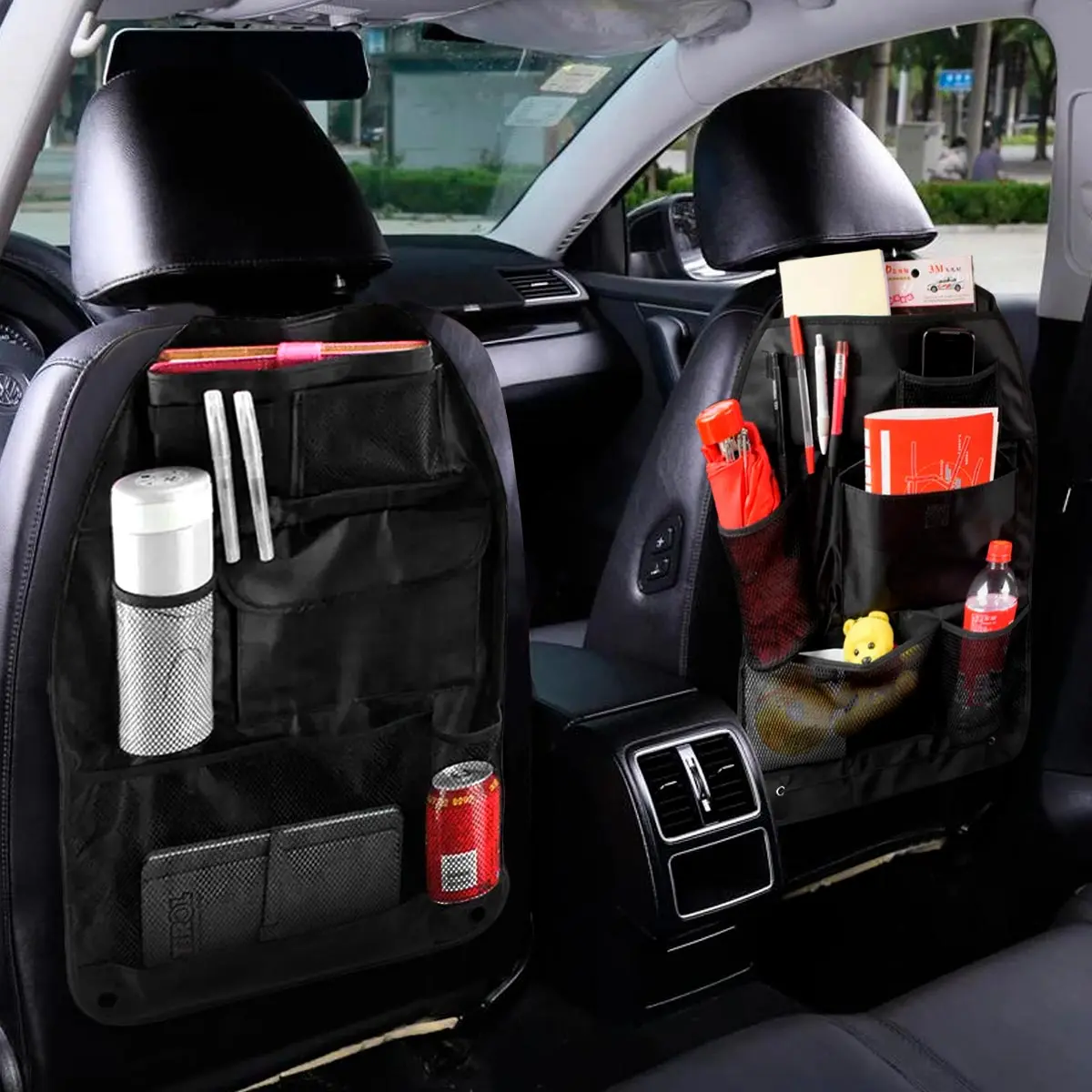 Set x2 organizador de asiento trasero de carro con múltiples bolsillos, ideal para guardar objetos.