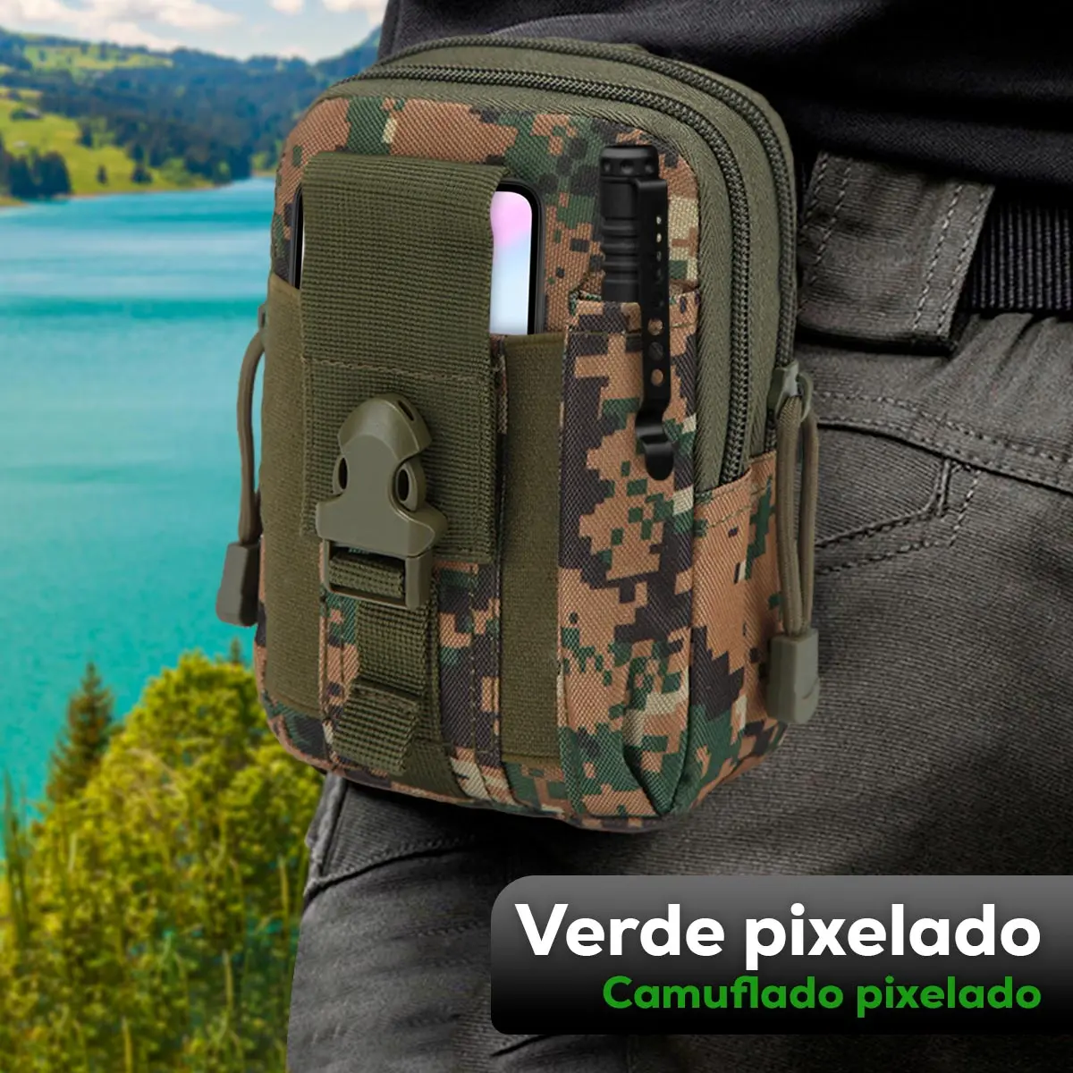 Bolso táctico militar de camuflaje pixelado para cinturón, ideal para celular.