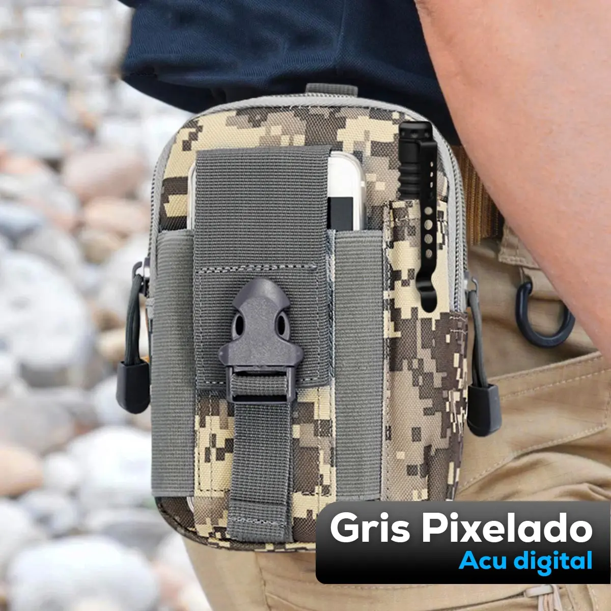Bolso táctico militar pixelado para cinturón, estuche para celular con clip y compartimentos.