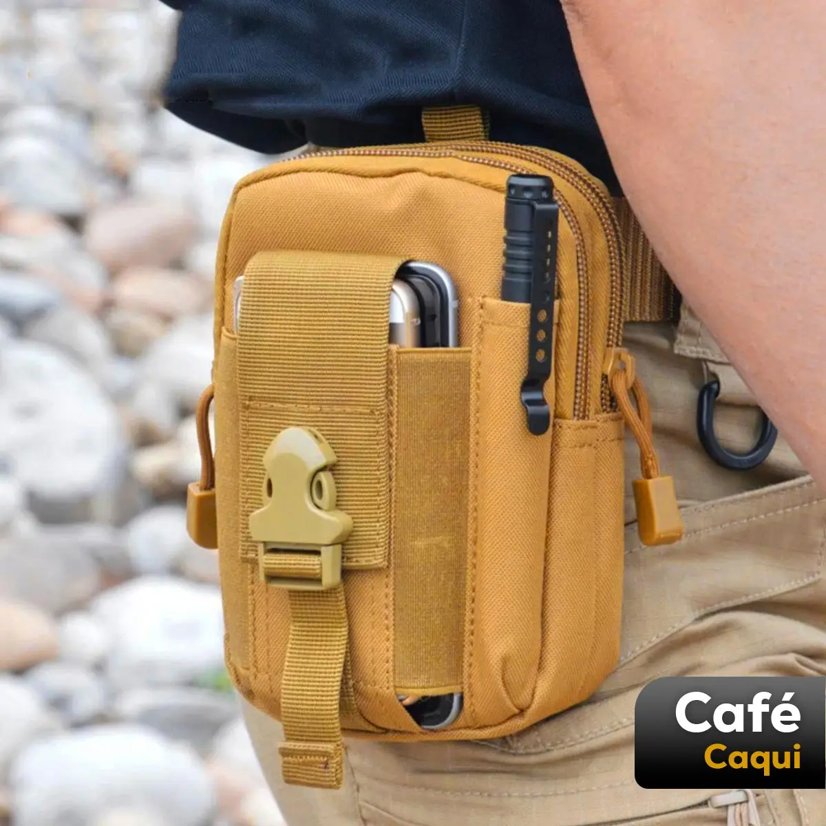 Bolso táctico militar para cinturón con estuche para celular y linterna, color caqui.