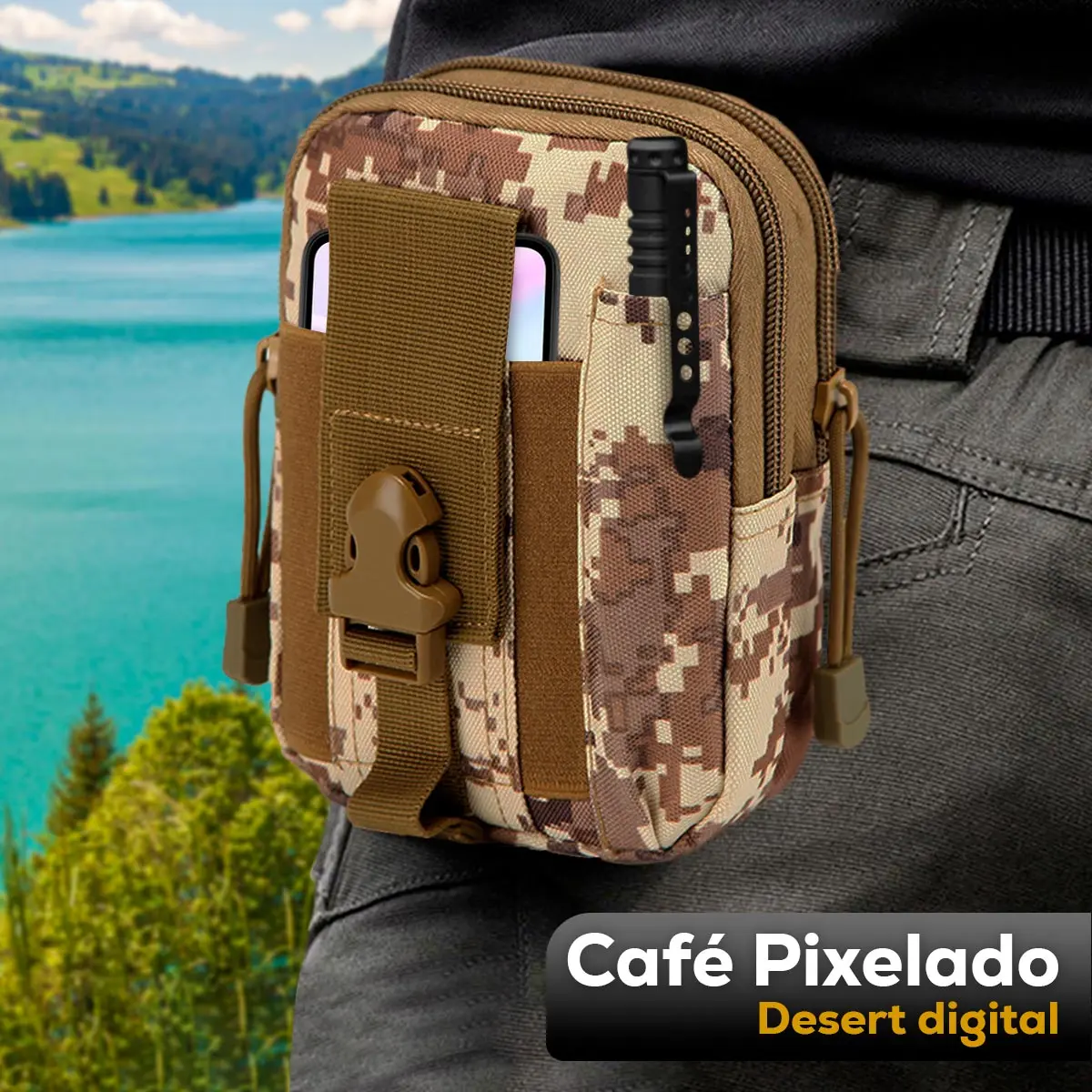 Bolso táctico militar para cinturón con estuche para celular y diseño digital desértico.