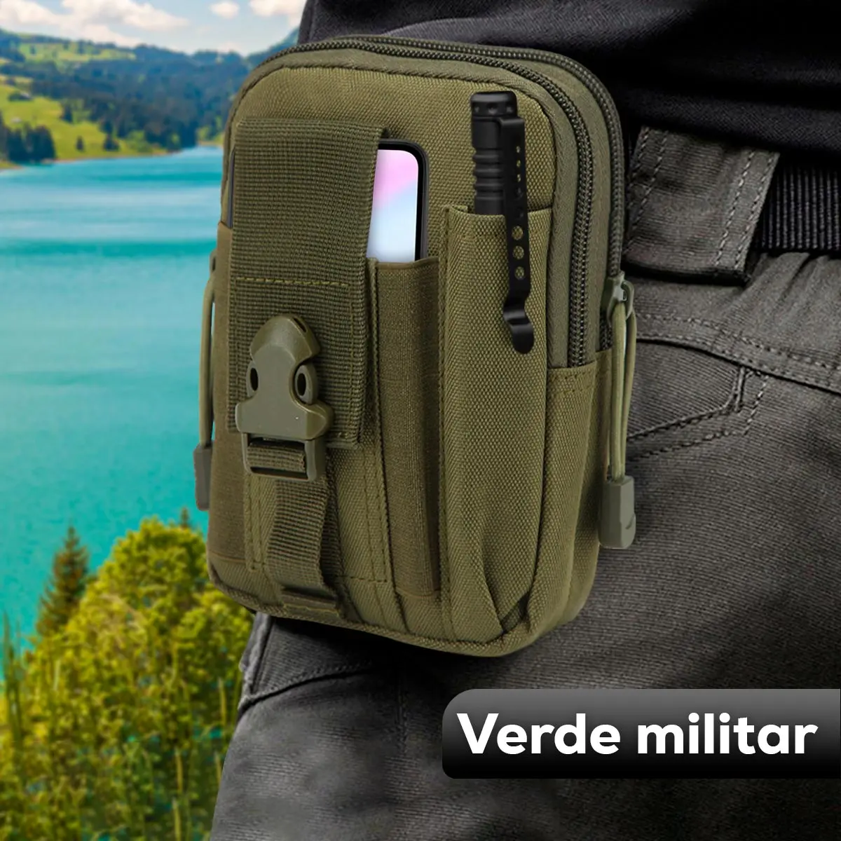 Bolso táctico militar para cinturón, ideal para llevar celular y linterna con estilo verde.
