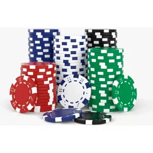 Set x50 fichas de poker casino profesionales: azul, rojo, verde y negro, apiladas y de canto.