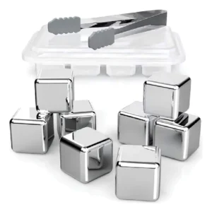 Set x8 cubos de hielo metálicos reutilizables con pinza, perfectos para mantener tus bebidas frías.