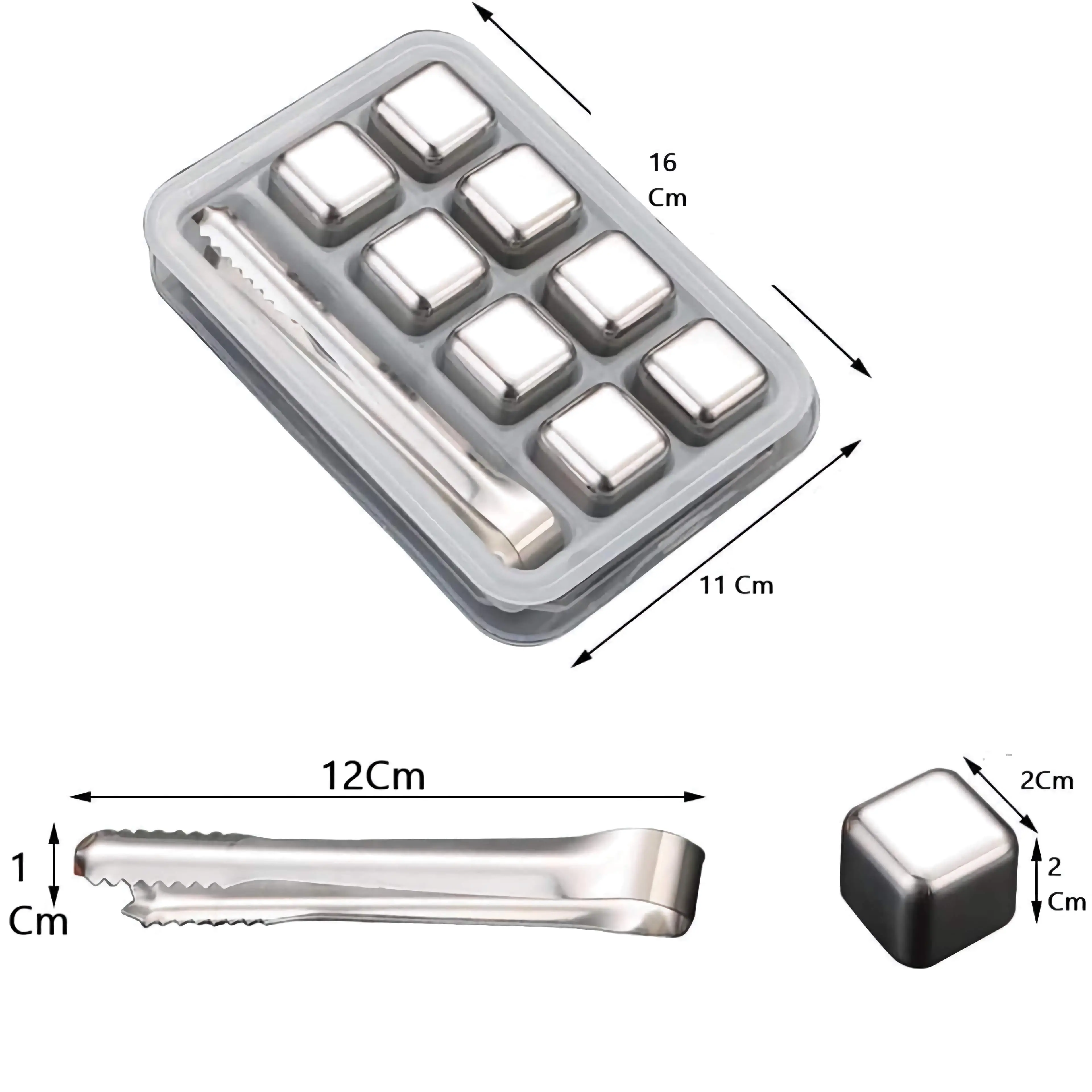 Set x8 cubos de hielo metálicos reutilizables con pinzas, mantiene el frío por más tiempo.