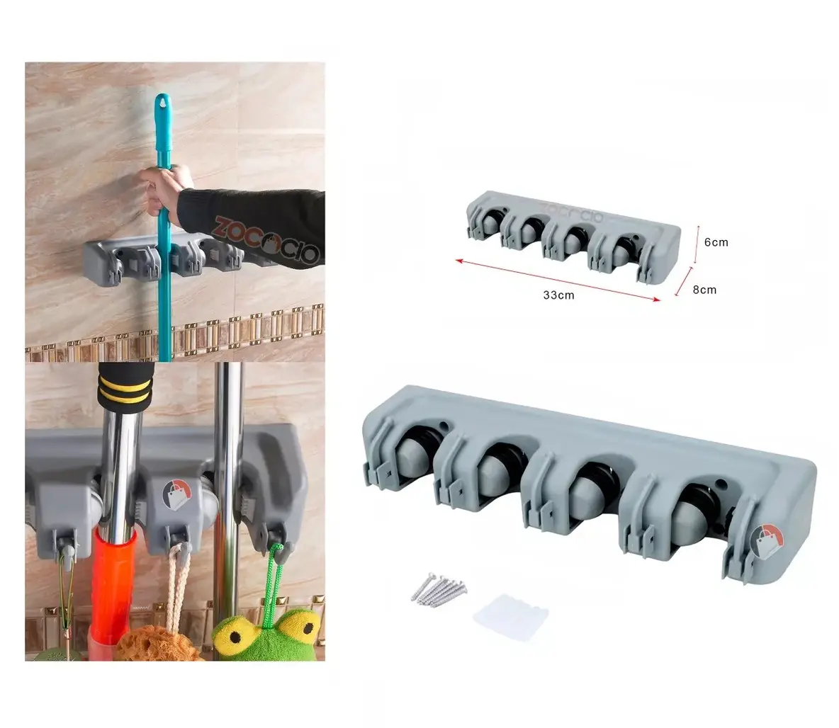 Organizador de pared para escobas y traperos con 5 ranuras, ideal para colgar herramientas de limpieza.